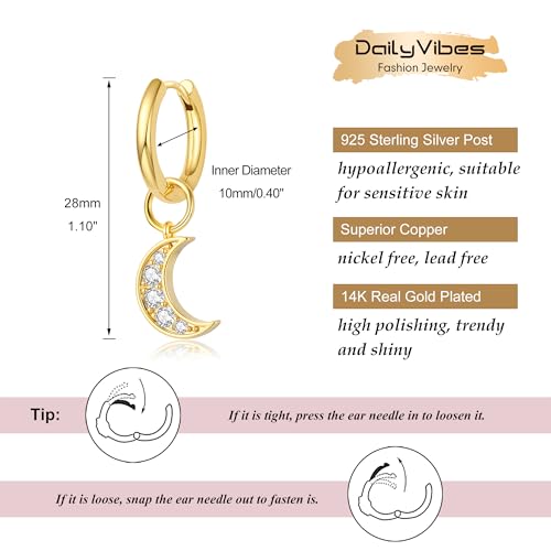 DAILY VIBES Cute Butterfly Star Cross Heart CZ Dangle Earrings for Women | 925 Sterling Silver Post, 14K Gold or Silver Plated, Mini Cubic Zirconia Dainty Drop, Cartilage Small Huggie Hoop Earrings - color: Gold Moon CZ