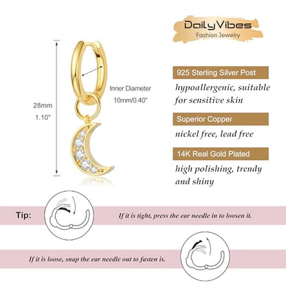 DAILY VIBES Cute Butterfly Star Cross Heart CZ Dangle Earrings for Women | 925 Sterling Silver Post, 14K Gold or Silver Plated, Mini Cubic Zirconia Dainty Drop, Cartilage Small Huggie Hoop Earrings - color: Gold Moon CZ