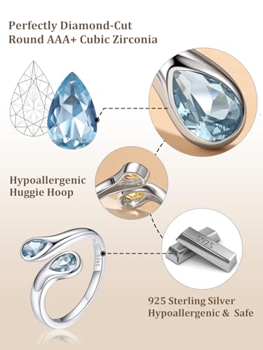 Bestyle Silver Birthstone Ring for Women, Dainty Sterling Silver Teardrop Ring Open Adjustable Band Ring, Love Statement TOI et Moi Ring Promise Ring for Her - color: 03.March( Aquamarine)