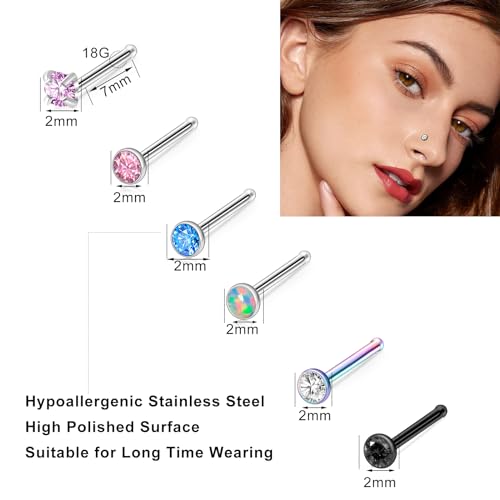 36-44 Pcs 18G 20G Nose Rings Studs Nose Rings for Women Nose Piercings Jewelry Surgical Stainless Steel Nose Studs Moon Star Heart Butterfly Hypoallergenic Body Piercing Jewelry for Women Men - color: 18G Colorful E-Straight- 50 Pcs