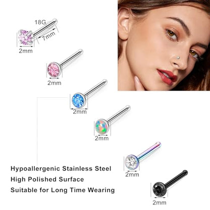 36-44 Pcs 18G 20G Nose Rings Studs Nose Rings for Women Nose Piercings Jewelry Surgical Stainless Steel Nose Studs Moon Star Heart Butterfly Hypoallergenic Body Piercing Jewelry for Women Men - color: 18G Colorful E-Straight- 50 Pcs