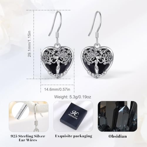 AEONSLOVE Tree of Life Crystal Earrings with Sterling Silver Ear Hooks, Dangle Drop Tree Earrings Gifts for Women - style: A01-Obsidian-Heart
