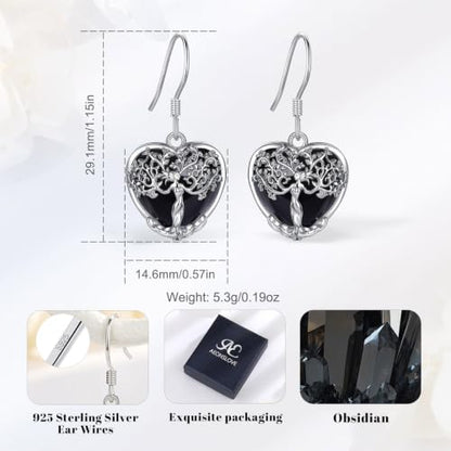 AEONSLOVE Tree of Life Crystal Earrings with Sterling Silver Ear Hooks, Dangle Drop Tree Earrings Gifts for Women - style: A01-Obsidian-Heart