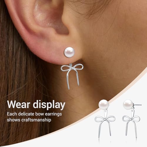 Gold Silver Pearl Earrings for Women - Hoop Earrings for Women Trendy 14K Gold Plated/Silver Twist Rope Bow Stud Bow Pearl Huggie Earring Hoops Pearls Dangle Cubic Zirconia Earring Jewelry Gift Womens - color: Silver bow