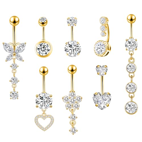 LEE&RO Belly Button Ring Dangle Piercing - 14G Surgical Steel Cute Navel Ring - color: gold