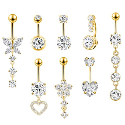 LEE&RO Belly Button Ring Dangle Piercing - 14G Surgical Steel Cute Navel Ring - color: gold