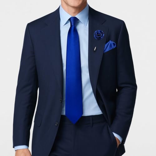 Solid Color Tie and Pocket Square with Tie Clip Lapel Pin Silk Formal Necktie Set Wedding Formal - color: Royal Blue