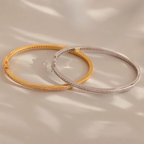 Bangle Bracelets for Women, Dainty Delicate Stacking CZ Diamond Bracelet, 18K Gold Plated Silver, Gold Jewelry, Mother’s Day Gifts for Mom - style: 05-Gold Diamond Tennis