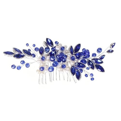 Flower Leaf Design Wedding Hair Comb, Metal Bridal Hair Accessory with Rhinestone, Wedding Prom Hair Clip Headpiece for Women (Blue White Flower) - color: Blue White Flower