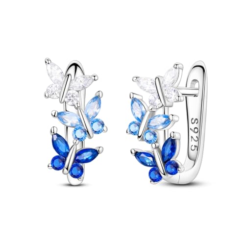 Parmuz 925 Sterling Silver Butterfly Huggies Hoop Earrings for Woman | Gold Plated Cubic Zirconia Star Moon cross Twisted huggie Hoop Post Chunky Small Tiny cuff Snake Heart Earring Gift for Her - color: light blue