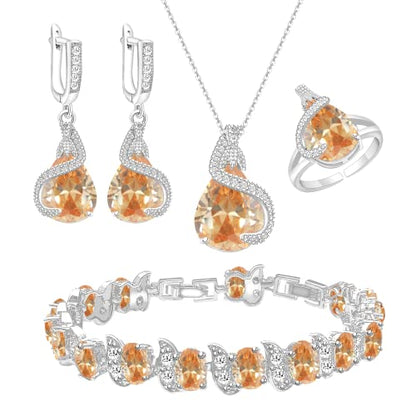 GZWHD Jewelry Set for Women Water Drop Cubic Zirconia Artificial Crystal Earrings Pendant Necklace Open Ring Tennis Bracelet Wedding Anniversary Birthday Engagement Gift for Bridesmaid Wife Girlfriend Friend - color: Champagne