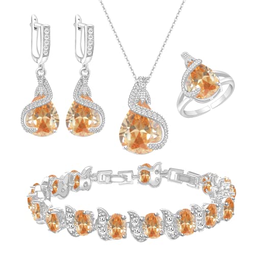 GZWHD Jewelry Set for Women Water Drop Cubic Zirconia Artificial Crystal Earrings Pendant Necklace Open Ring Tennis Bracelet Wedding Anniversary Birthday Engagement Gift for Bridesmaid Wife Girlfriend Friend - color: Champagne