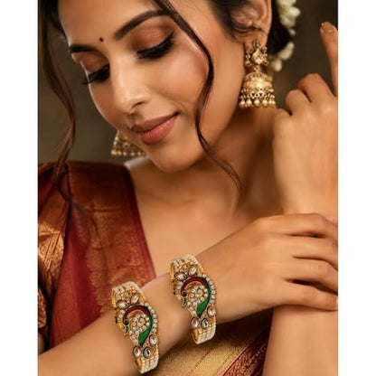Efulgenz Indian Faux Pearl Peacock Hinge Openable Cuff Bracelet Bangle