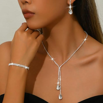 MIFYNN Rhinestone Wedding Set for Women Sparkle Crystal Earrings Necklace Bracelet Jewelry Set Wedding Party Prom Jewelry Set for Brides Bridesmaid - color: Silver3