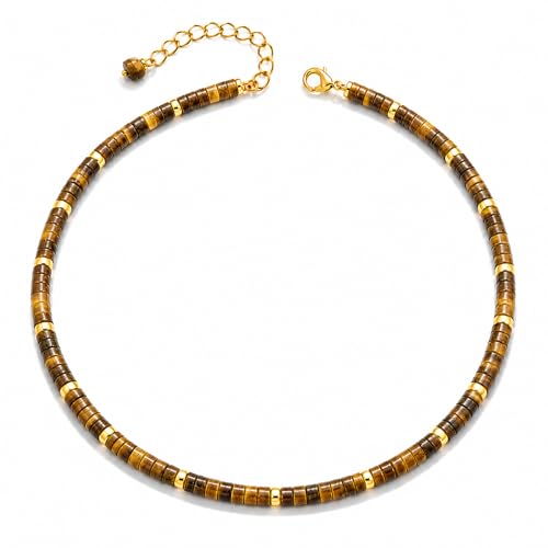 Natural Heishi Gemstone Choker Necklace for Women, Adjustable 15"+2" Beaded Layering Necklace, Coastal Beach Jewelry Gift for Her - color: Tiger Eye
