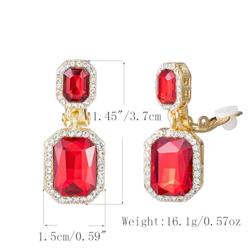 YINLI Austrian Crystal Square Shape Dangle Drop Clip on Earrings for Women - color: Red,Gold