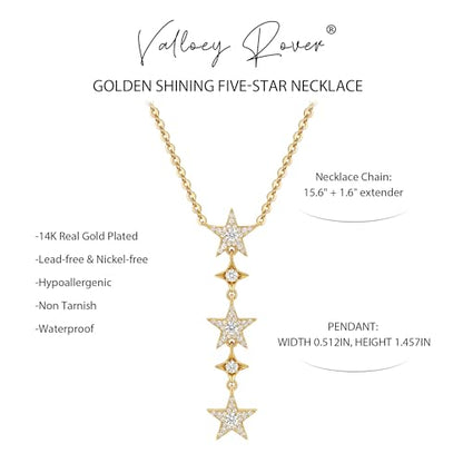 Valloey Rover Gold Star Necklace for Women: Danity 14K Gold Plated Star Moon Charm Pendant with Cubic Zirconia Choker Necklace for Women Trendy Jewelry Gift - color: 3 stars