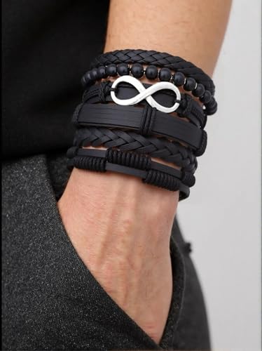8Pcs Punk Leather Bracelet Set for Men & Women, 6Pcs Braided PU Cuffs, Necklace & Keychain, Adjustable, Stackable - style: Infinity