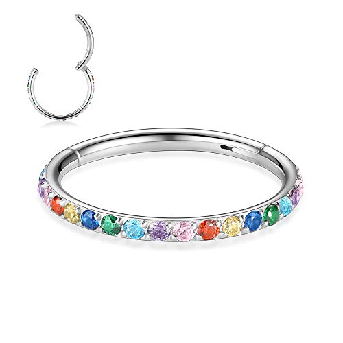 FUNLMO 20G 18G 16G 12G Nose Ring Hoop Conch Rook Daith Helix Tragus Piercing Jewelry 316L Surgical Steel Cartilage Earring Conch Hoop Earring Septum Jewelry Belly Lip Ring 5mm to 14mm - color: Silver-Multicolor CZ, 1pc