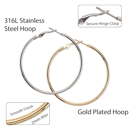 316 Stainless Steel Hoop Earrings 6 Pairs Gold Silver 30/40/50mm Sizes Set | Gold Silver Hoop Earrings for Women, 316 Stainless Steel 14K Gold Plated Hypoallergenic Lightweight Hoops Set 30/40/50mm