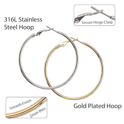 316 Stainless Steel Hoop Earrings 6 Pairs Gold Silver 30/40/50mm Sizes Set | Gold Silver Hoop Earrings for Women, 316 Stainless Steel 14K Gold Plated Hypoallergenic Lightweight Hoops Set 30/40/50mm