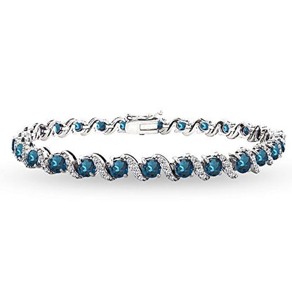 B. BRILLIANT Sterling Silver Genuine, Created or Simulated Gemstone Round S Design Tennis Bracelet for Women - color: London Blue Topaz - Sterling Silver
