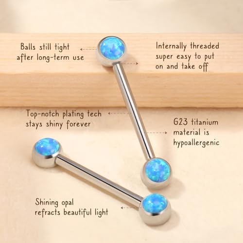 AROWRO Nipple Piercing Jewelry Nipple Rings Titanium Nipple Rings Implant Grade Hypoallergenic 14G Internally Threaded Straight Barbells with Cubic Zirconia Opal Gold Silver Rose Gold Black 12mm 14mm 16mm 18mm 20mm - color: Silver+Blue Opal