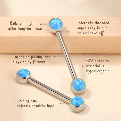 AROWRO Nipple Piercing Jewelry Nipple Rings Titanium Nipple Rings Implant Grade Hypoallergenic 14G Internally Threaded Straight Barbells with Cubic Zirconia Opal Gold Silver Rose Gold Black 12mm 14mm 16mm 18mm 20mm - color: Silver+Blue Opal