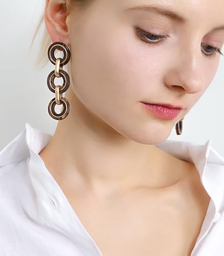 Ozel - Natural Wooden Acrylic Boho Drop Dangle Earrings for Women - Geometric Statement Jewellery - Brown, Black, Magent Red, Olive Green, White beige - color: 3Circle_Brown