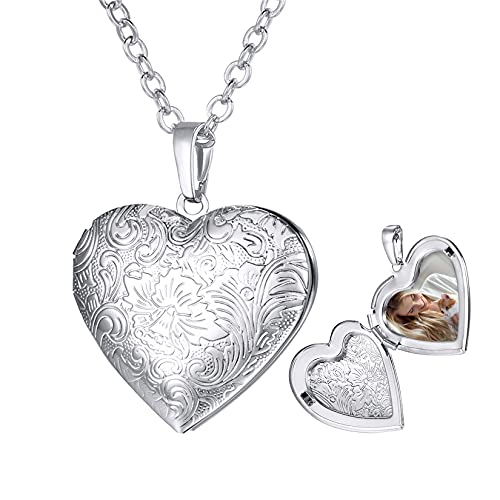 U7 Custom Photo Locket Necklace - Oval & Heart Shaped Locket - Gold/Silver/Rose Gold Personalized Image Necklaces for Women - color: 02-Platinum Flower Heart, style: a. locket only