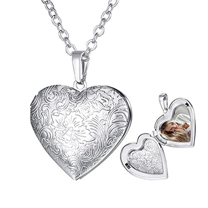 U7 Custom Photo Locket Necklace - Oval & Heart Shaped Locket - Gold/Silver/Rose Gold Personalized Image Necklaces for Women - color: 02-Platinum Flower Heart, style: a. locket only