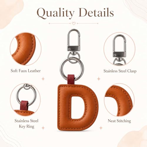 Initial Letter Keychain,Stainless Steel,Colorful Faux Leather Keyring for Backpack,Purse,Car Keys,Gift for Men Women - color: D