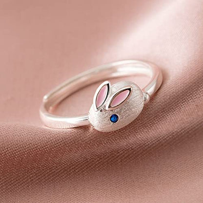 Rabbit Bridal Rings for Lady Opening Adjustable Sapphire Engagement Rings Minimalist Cute Proposal Rings (Silver, One Size)