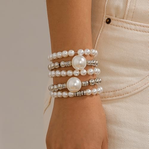 GIGB PBDK Chunky Pearl Bracelets for Women Stackable Gold Pearl Beaded Stretch Bracelets Exaggerated Big Pearl Ball Bracelet Set Trendy Birthday Jewelry Gifts - color: Silver