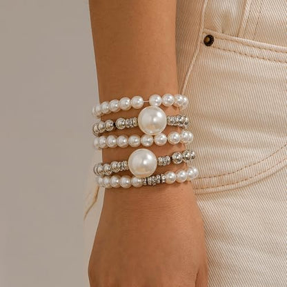 GIGB PBDK Chunky Pearl Bracelets for Women Stackable Gold Pearl Beaded Stretch Bracelets Exaggerated Big Pearl Ball Bracelet Set Trendy Birthday Jewelry Gifts - color: Silver