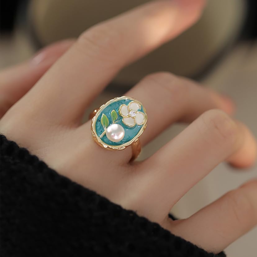 Fashion Enamel Flower Pearl Open Rings For Women 14k Gold-Tone Plated Vintage Floral Leaf Unique Finger Band Stackable Wedding Ring Adjustable Cocktail Party Statement Jewelry Gifts Mother Day Birthday