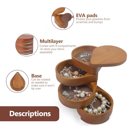 JSVER Portable Jewelry Organizer Wooden Jewelry Box, 4-Layer Rotatable Jewelry Holder, Travel Jewelry Organizer For Rings, Necklaces, Earrings, Bracelets