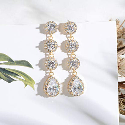 Women's Cubic Zirconia Bridal Earrings - Elegant Long Wedding Party Prom Earring for Bride Bridesmaids Crystal CZ Rhinestone Chandelier Statement Dangle Drop Earrings for girls - color: Clear-yellow gold