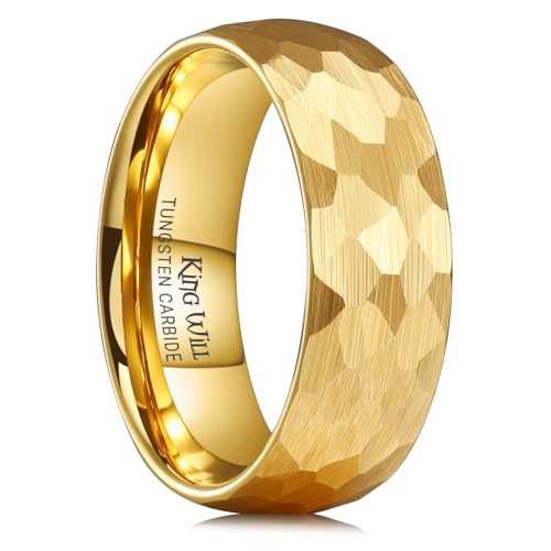 King Will Men's Tungsten Carbide Wedding Ring Hammered Groove Wedding Band Mens Two Tone Engagement Ring for Men and Women Matte Brushed Finish Comfort Fit - color: Gold 8mm