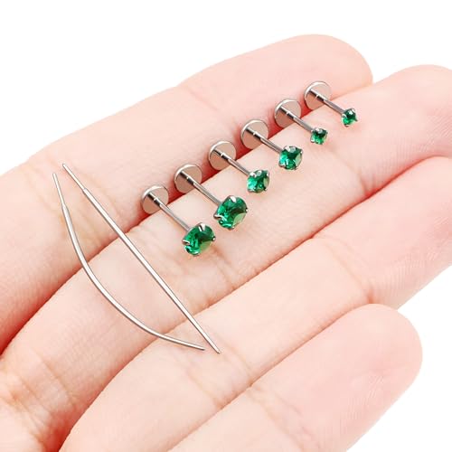 F136 Titanium 20/18/16G Earrings Nose Lip Rings Medusa Tragus Cartilage Helix Labret Flat Back Threadless Implant Grade Stud Piercing Jewelry for Women - color: Green CZ, size: 20g*6/7/8mm*2/3/4mm