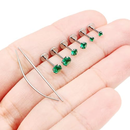 F136 Titanium 20/18/16G Earrings Nose Lip Rings Medusa Tragus Cartilage Helix Labret Flat Back Threadless Implant Grade Stud Piercing Jewelry for Women - color: Green CZ, size: 20g*6/7/8mm*2/3/4mm