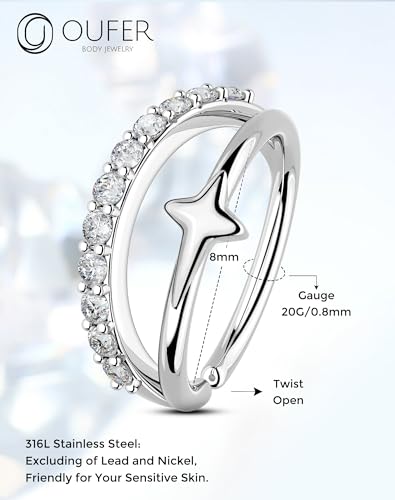 OUFER Nose Rings Silver, 20G Double Hoop 8MM Nose Rings, Seamless Stainless Steel Rook Daith Piercing Jewelry for Women & Men - style: Style7-Sliver Cross