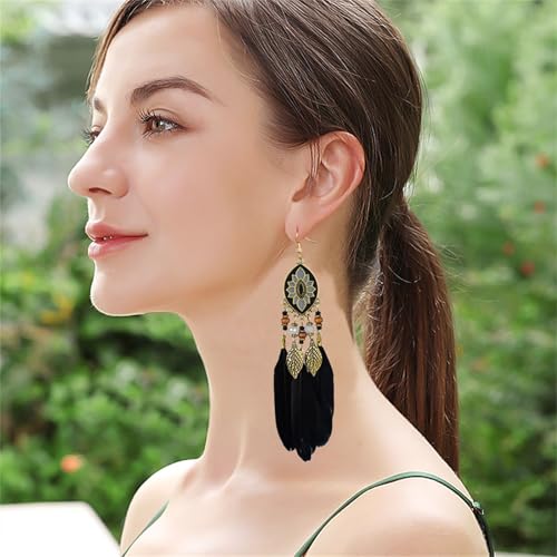 Dreuyet Boho Long Feather Drop Dangle Earrings for Women Retro Bohemian Ethnic Fringe Multicolor Tassel Feather Earring Handmade Statement Dream Catcher Earrings Jewelry - color: Black Oval