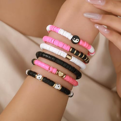 Friendship Bracelets for Women - Heishi Surfer Colorful Smile Evil Eye Clay Beaded Stretch Bracelets Elastic Layering - Stackable Boho Disc Y2K Aesthetic Summer Jewelry Set. - color: TS-5PC-hero
