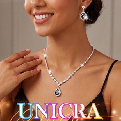 Unicra Bride Crystal Necklace Earrings Set Bridal Wedding Jewelry Sets Rhinestone Choker Necklace Prom Costume Jewelry Set for Women and Brides - color: Black