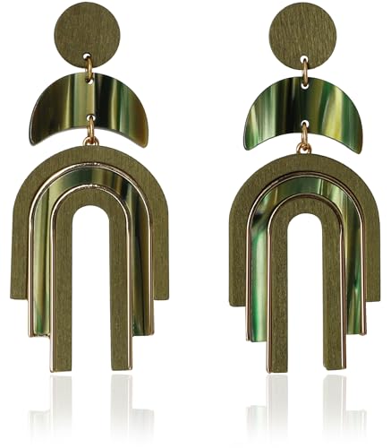 Ozel - Natural Wooden Acrylic Boho Drop Dangle Earrings for Women - Geometric Statement Jewellery - Brown, Black, Magent Red, Olive Green, White beige - color: Arch_Olive