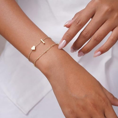 Gold Initial Bracelets for Women Trendy, Dainty Layered 14K Gold Plated Heart Letter Charm Bracelets, letter beads for name bracelets Jewelry Gifts - color: Gold-I