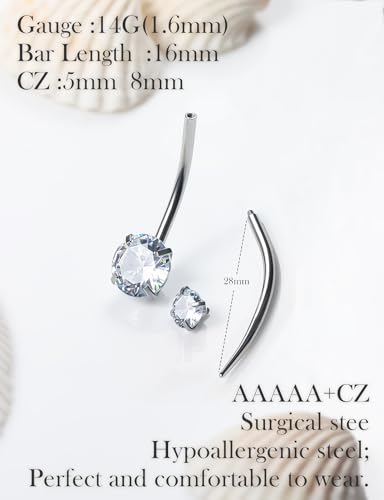 Oufksiyy Long and Extra Long Bar Belly Button Ring Internal Thread Hypoallergenic Surgical Stainless Steel 14mm 16mm 14 Gauge Navel Rings Cubic Zirconia Buuton Body Piercing Jewelry for Women Men - color: 16MM Round/Heart-shaped CZ Belly Button Ring
