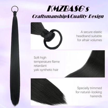 Black Ponytail Extension for Women 2PCS DIY Braided Ponytail Extension with Hair Tie Long Yaki Straight Hairpieces for Active Wear Gym Party Beginners 26 Inches - color: Black