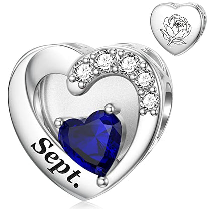 SEVENWELL Jan-Dec Birthstone Charms for Pandora Bracelets, Heart Charm | Fits Most European Charm Bracelets, Sparkling Heart CZ, Birth Flower Engraved, Gift Ready, Nickel-Free - color: September Birthstone Charm